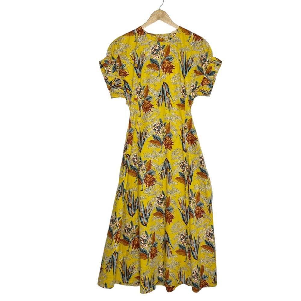 ULLA JOHNSON Devon Cotton Poplin Floral A-line Midi Dress with Pockets - Picture 6 of 12